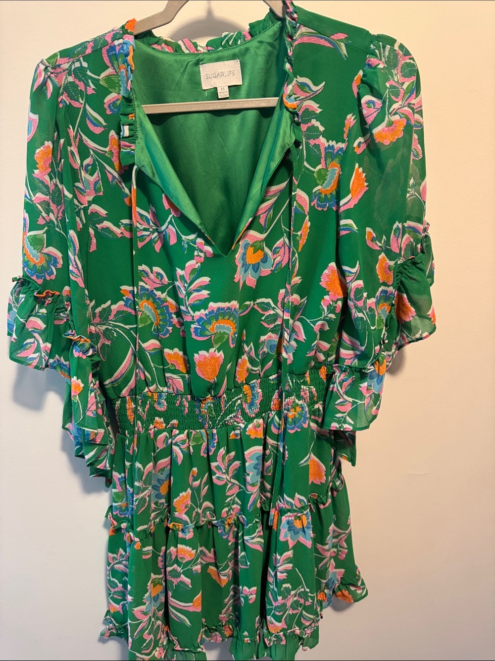 Sugarlips Green Floral Ruffle Dress with Pink & Orange Accents